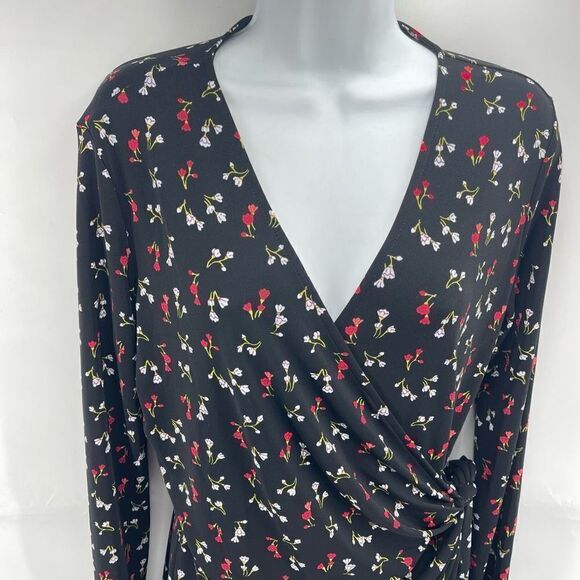 Lark & Ro Black floral long sleeve true wrap dress large dainty floral flowers m - Picture 14 of 16